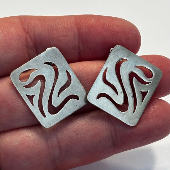 Vintage Sterling silver pierced earrings modern art to wear mod mid century - Picture 2 of 7